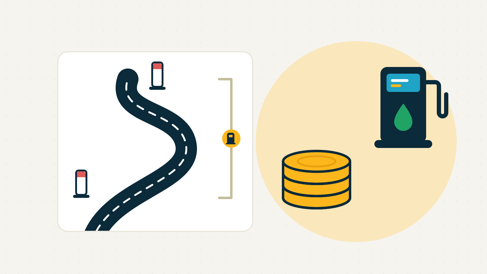 Ilustración de una carretera con curvas entre dos hitos kilométricos que marcan la distancia, junto a una pila de monedas y un surtidor de combustible