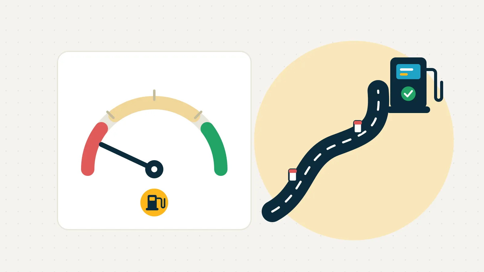 Ilustración de un indicador de combustible con la aguja casi en vacío y el testigo de reserva encendido, junto a una carretera con hitos kilométricos que termina en un surtidor