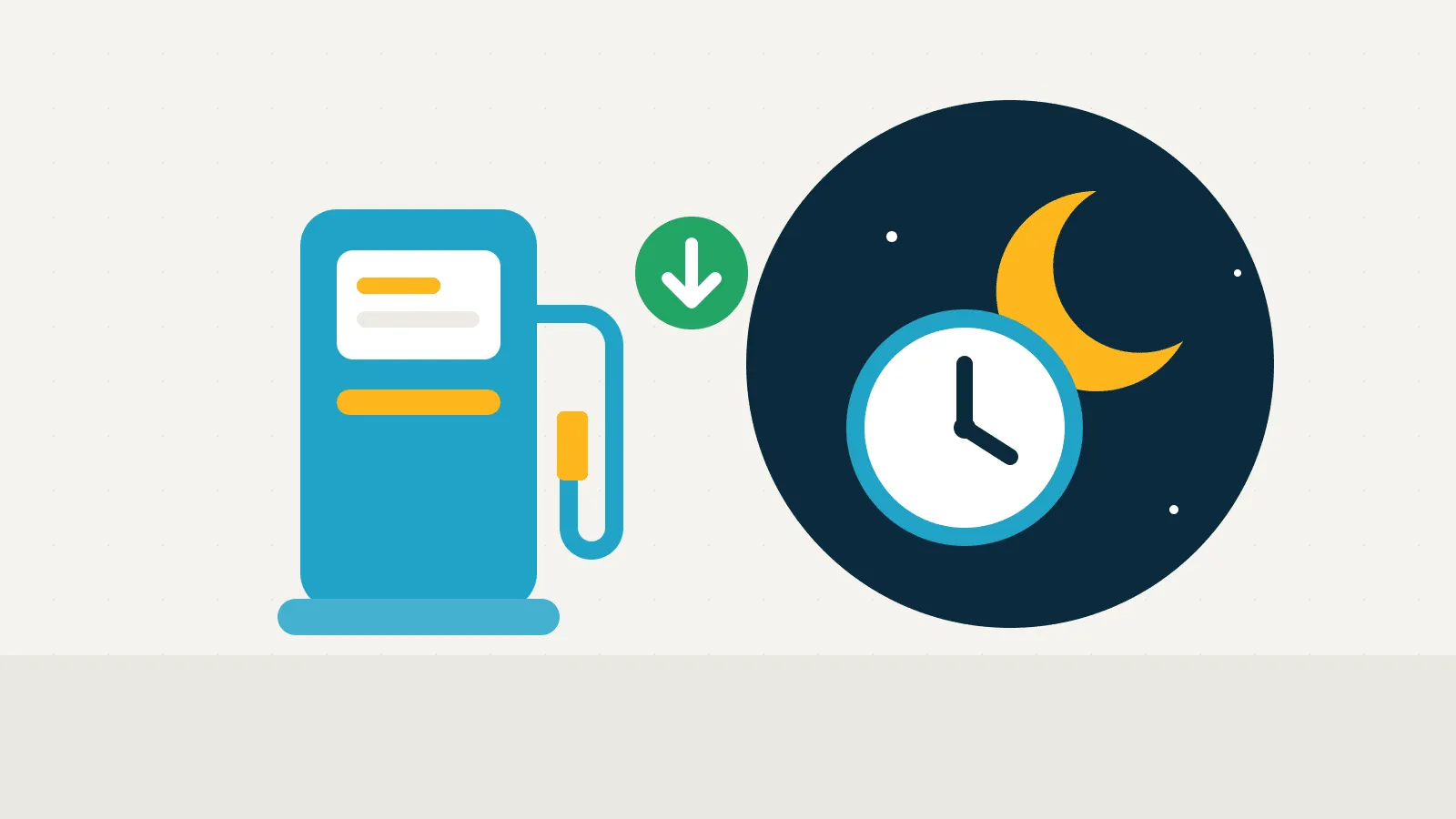 Ilustración de un surtidor de combustible junto a un reloj y una luna creciente dentro de un círculo azul noche, con una flecha verde hacia abajo que indica un precio más bajo