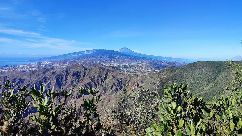Vista desde el mirador del Pico del Inglés sobre las montañas de Anaga con el Teide al fondo