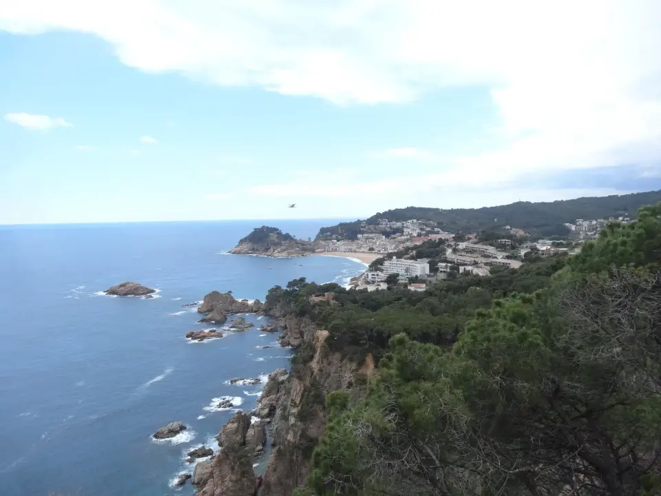 Vista de Tossa de Mar y su cabo desde un mirador de la carretera GI-682, con acantilados y pinar sobre el Mediterráneo
