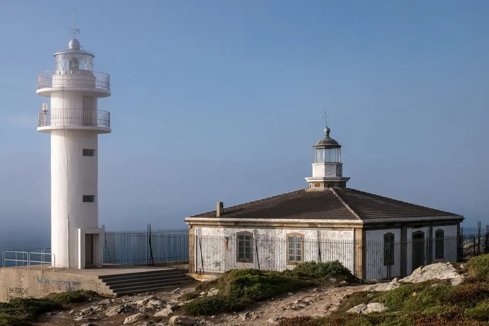Faro blanco moderno y antigua casa del farero en el cabo Touriñán, entre rocas y bruma