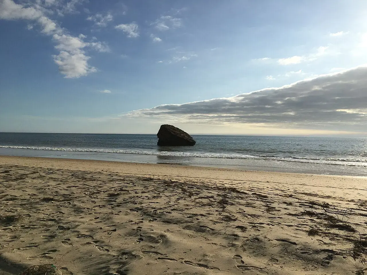 Torre de la Higuera, una roca de la antigua torre vigía caída sobre la orilla de la playa de Matalascañas