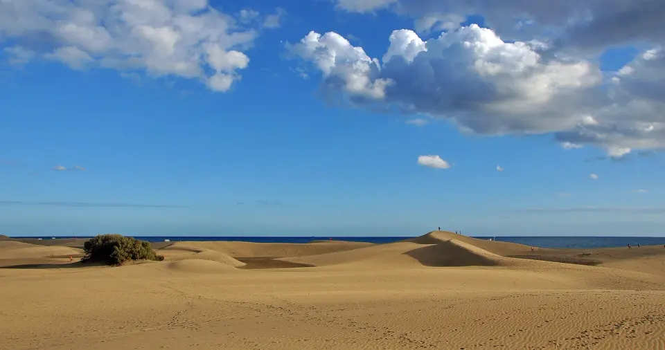 Dunas de arena dorada de Maspalomas con el mar al fondo y nubes blancas sobre el cielo azul