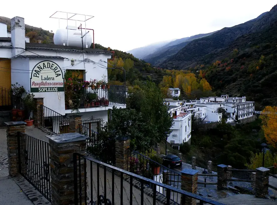 Calle de Trevélez con casas blancas, balcones con flores y la ladera del valle con árboles otoñales al fondo