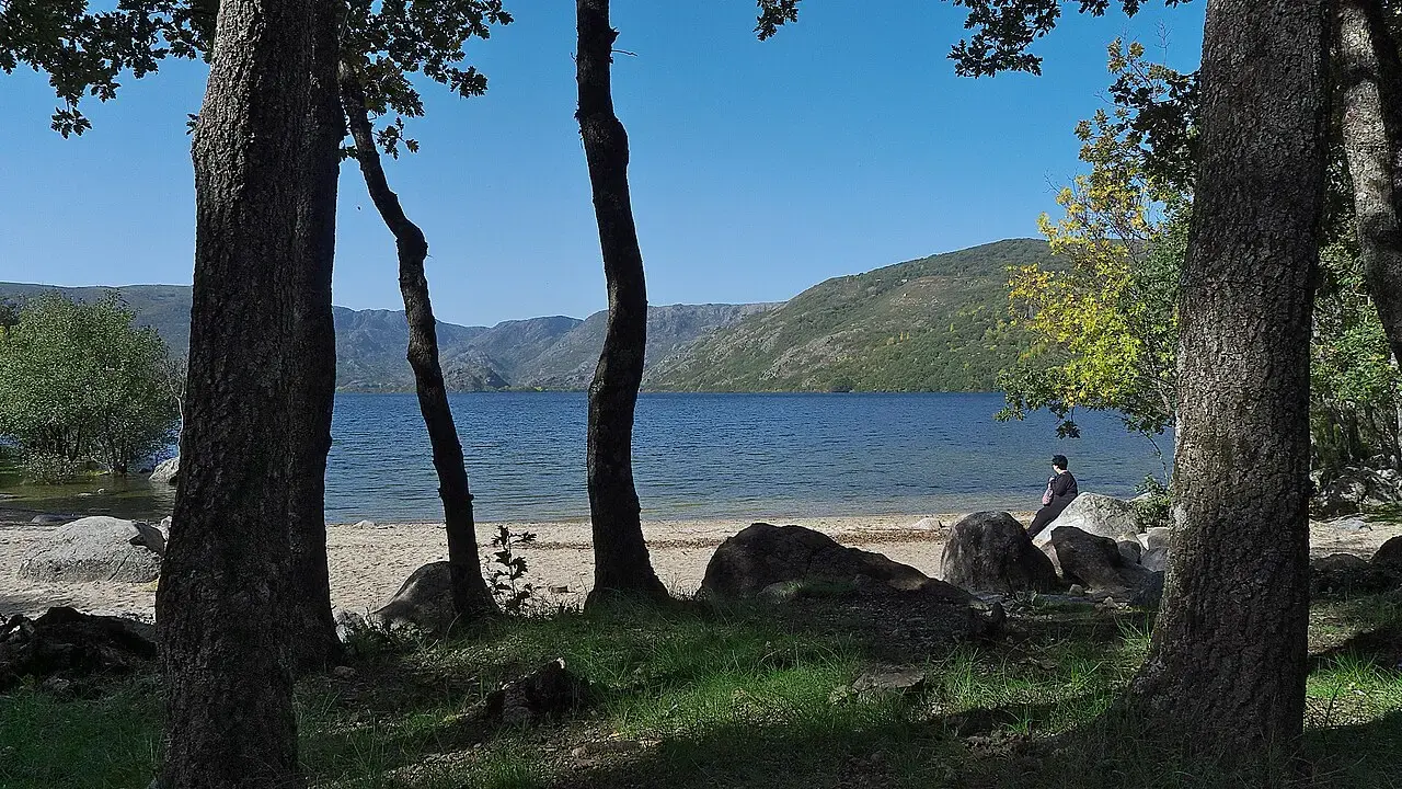 Orilla del Lago de Sanabria con robles y rocas en primer plano, el agua azul y las montañas de la sierra al fondo
