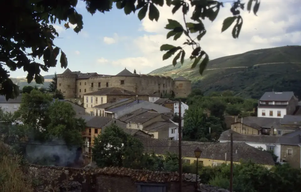 Tejados de pizarra de Villafranca del Bierzo con el castillo-palacio al fondo, vistos entre ramas