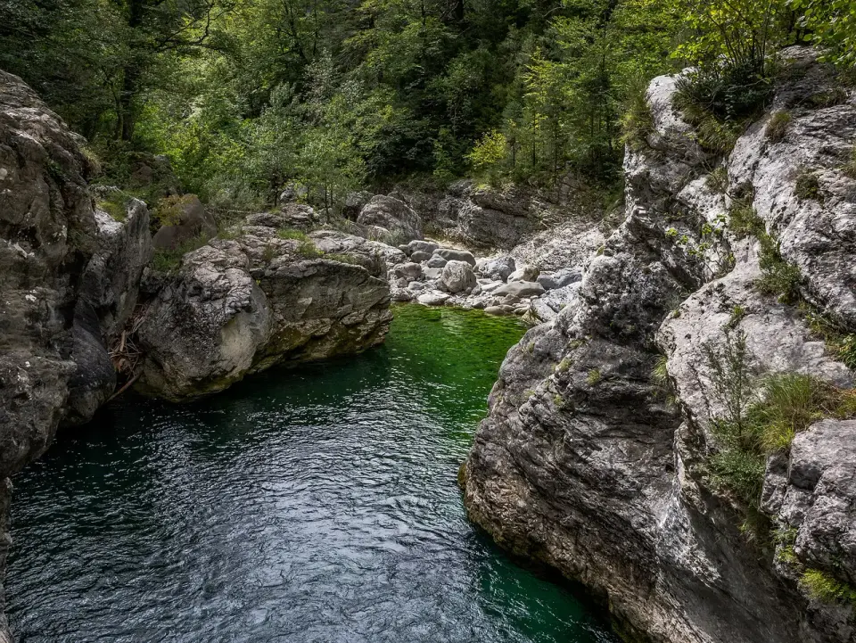 Poza de agua verde del río Bellós entre rocas calizas y bosque en el fondo del cañón de Añisclo