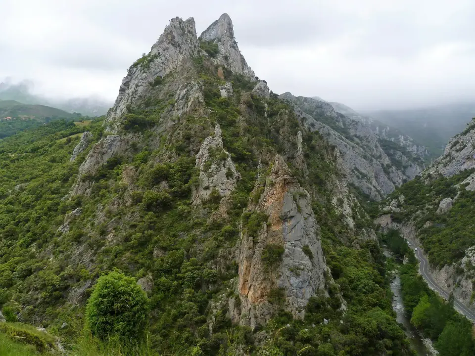 Paredes de roca caliza y bosque en el desfiladero de La Hermida, con la carretera N-621 y el río Deva al fondo del valle