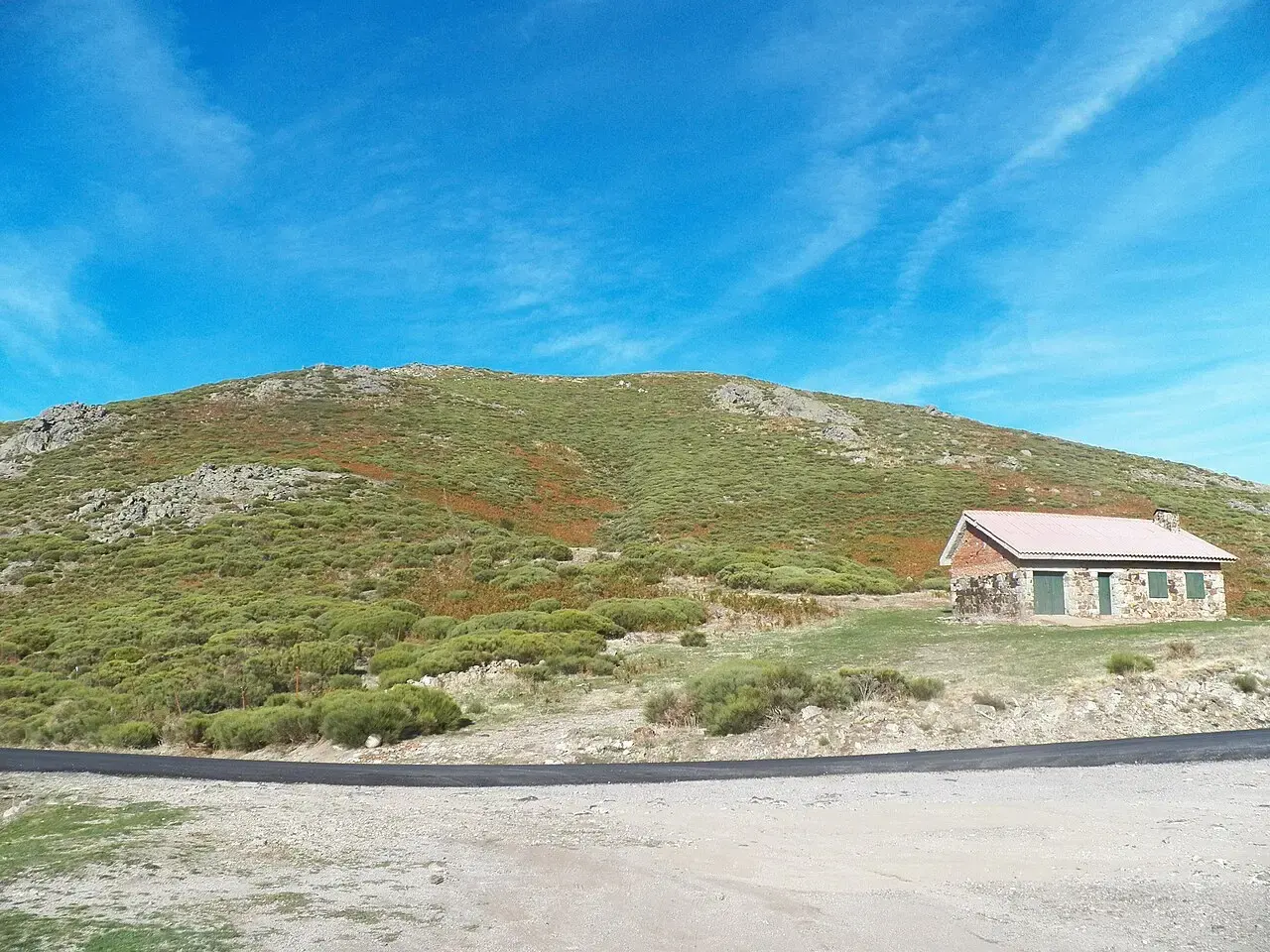 Alto del puerto de Honduras con una casa de piedra junto a la carretera y ladera de matorral bajo un cielo azul