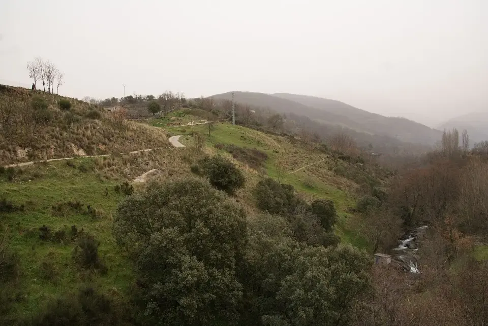 Ladera verde con robles y un arroyo en Hervás, vista desde el puente del ferrocarril en un día nublado