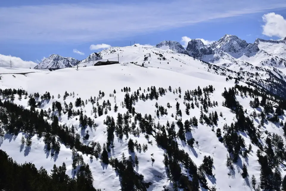 Laderas nevadas con pinos y cumbres del Pirineo en el Port de la Bonaigua a finales de invierno