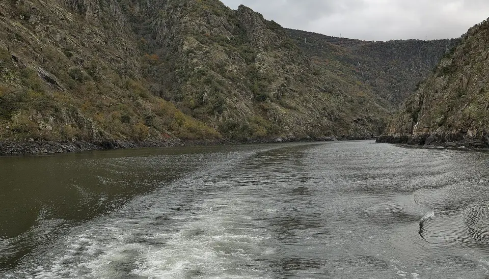 El río Sil encajado entre laderas escarpadas de roca y matorral, visto desde el agua