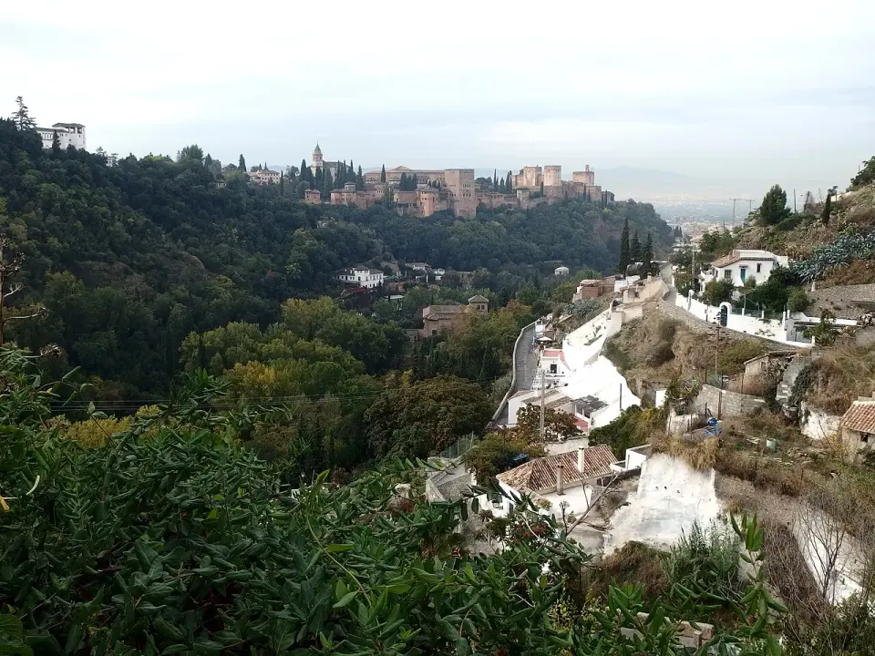 La Alhambra sobre su colina boscosa vista desde el Sacromonte, con casas cueva blancas en primer plano