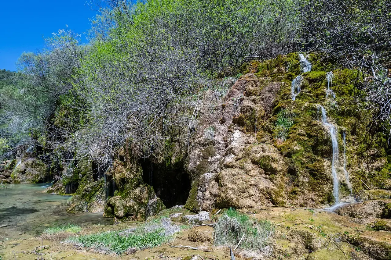 Cascadas finas que caen sobre rocas de toba cubiertas de musgo en el nacimiento del río Cuervo, rodeadas de vegetación