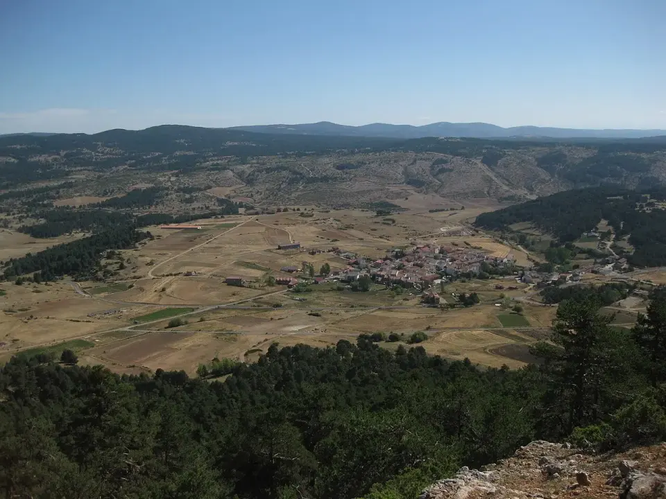 Griegos en medio de una amplia llanura de pastos rodeada de pinares, vista desde la Muela de San Juan