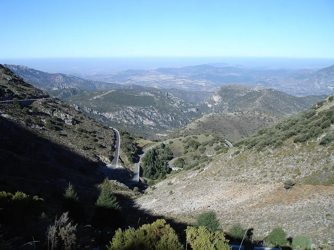 Vista hacia el norte desde el puerto de las Palomas, con la carretera bajando en curvas entre montañas hacia Zahara de la Sierra