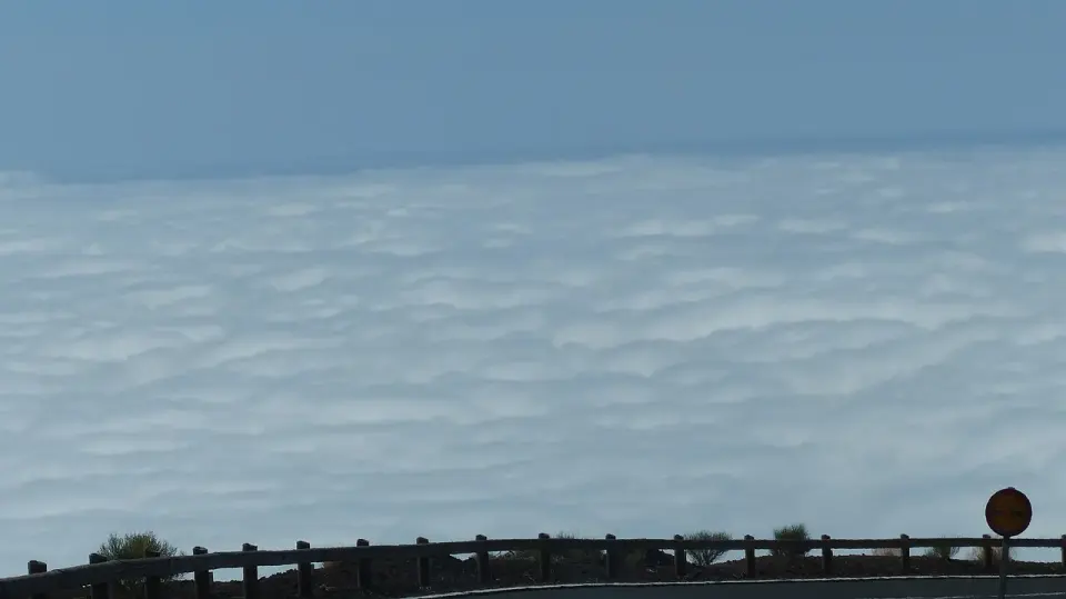 Mar de nubes bajo la carretera TF-24, con un guardarraíl de madera y una señal en el borde de la calzada